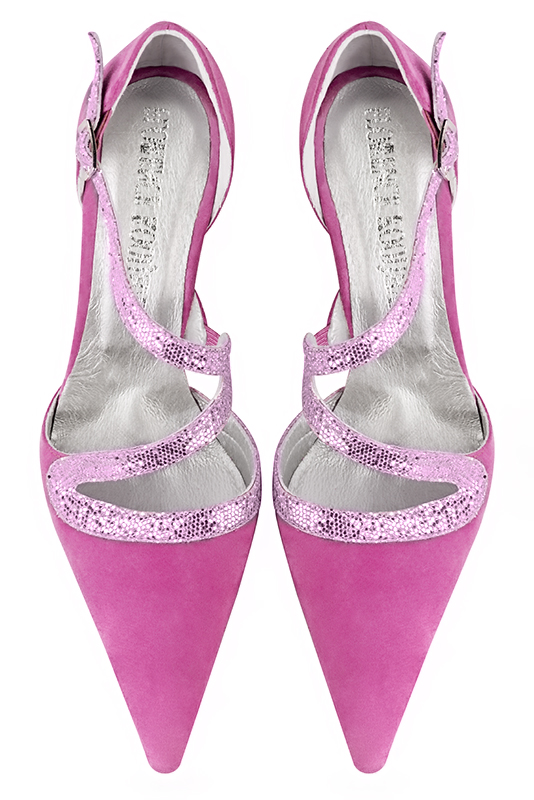 Shocking pink women's open side shoes, with snake-shaped straps. Pointed toe. High slim heel. Top view - Florence KOOIJMAN